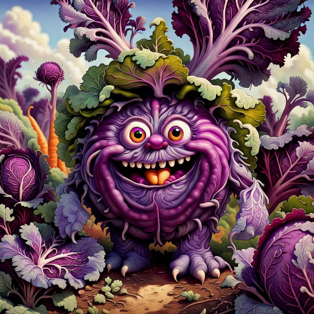 Cute Red Cabbage Monster in Carrot Patch