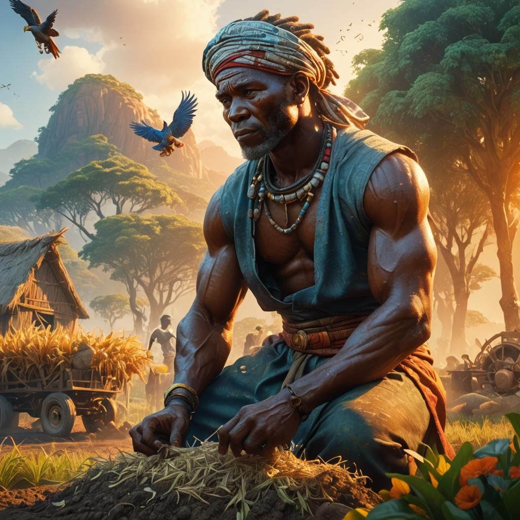 African Chief Azuka working on a farm in the hot sun