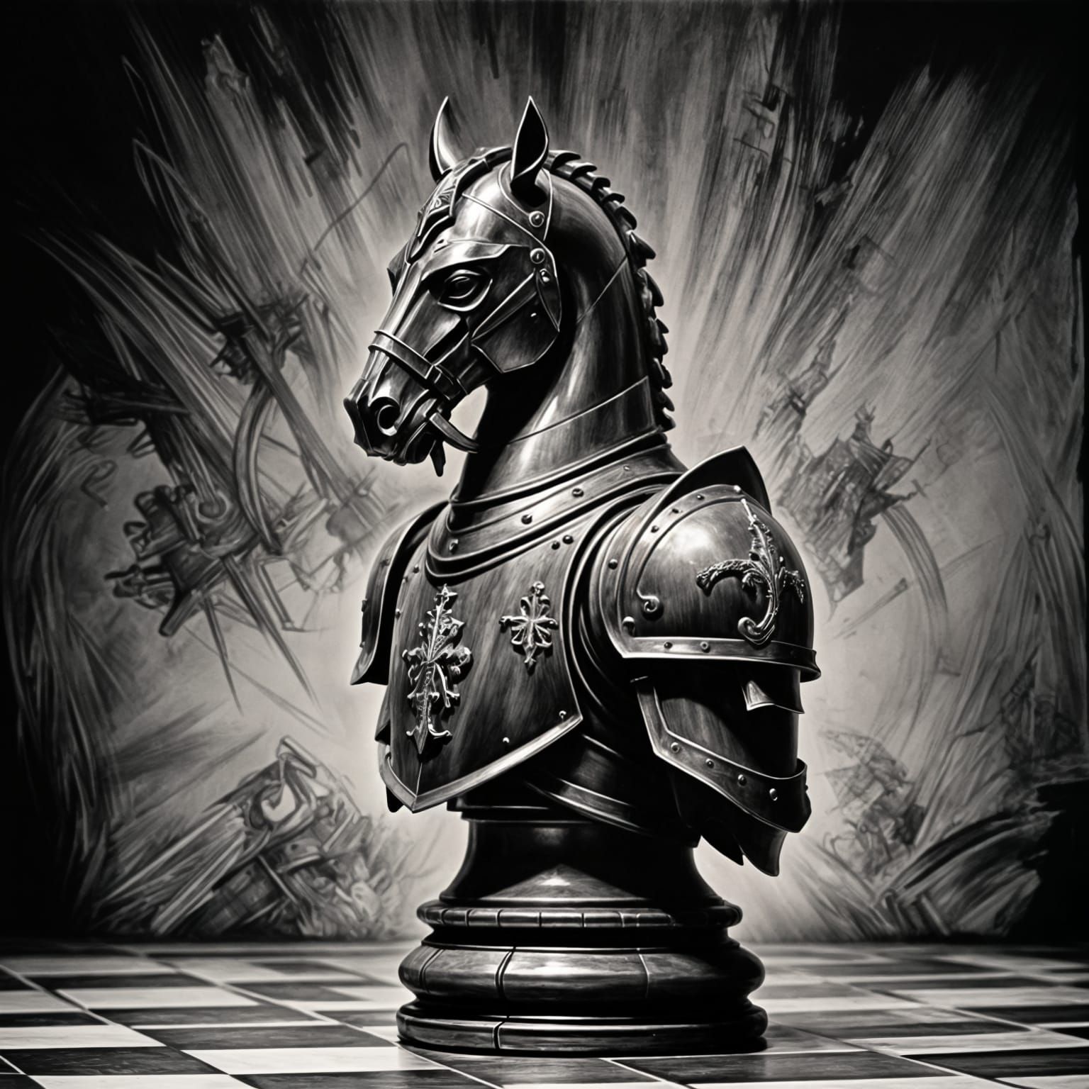 Hyperrealistic Charcoal Knight Chess Piece