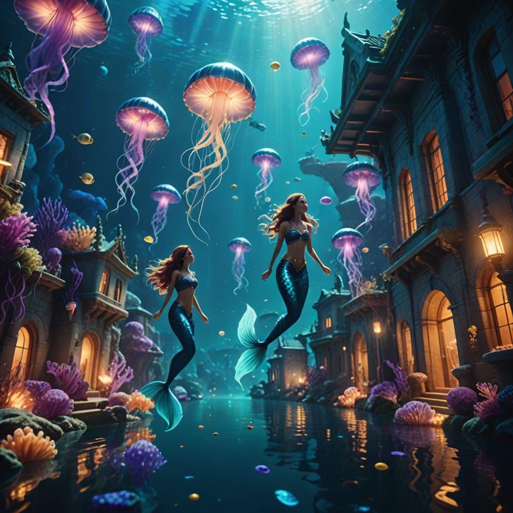 Underwater Cities of Mermaids in Cinematic Film Style
