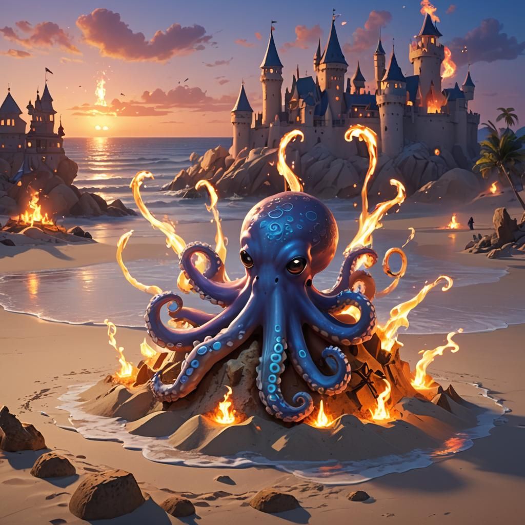 Octopus Wizard Casts Spell on Burning Sandcastle