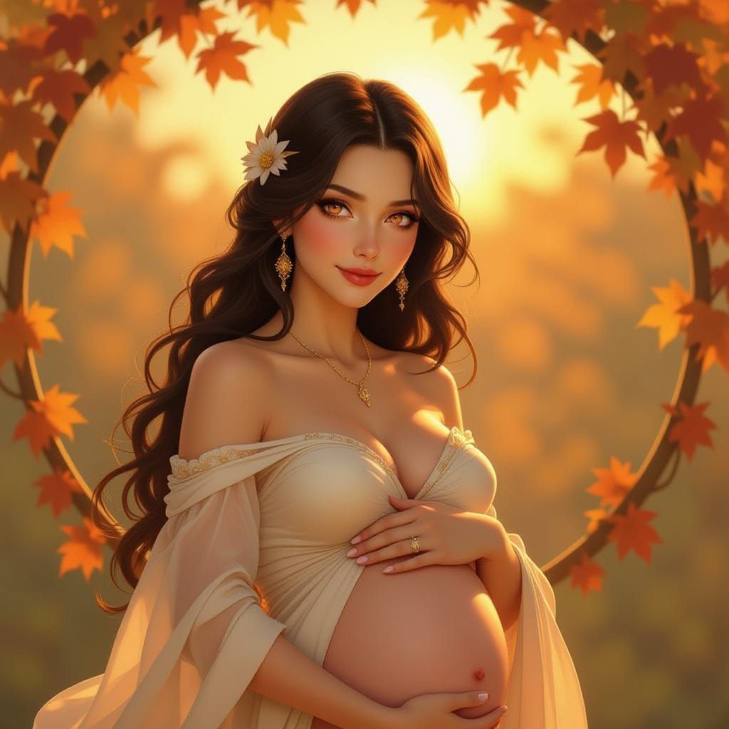 Art Nouveau Pregnant Woman in Golden Hour Light