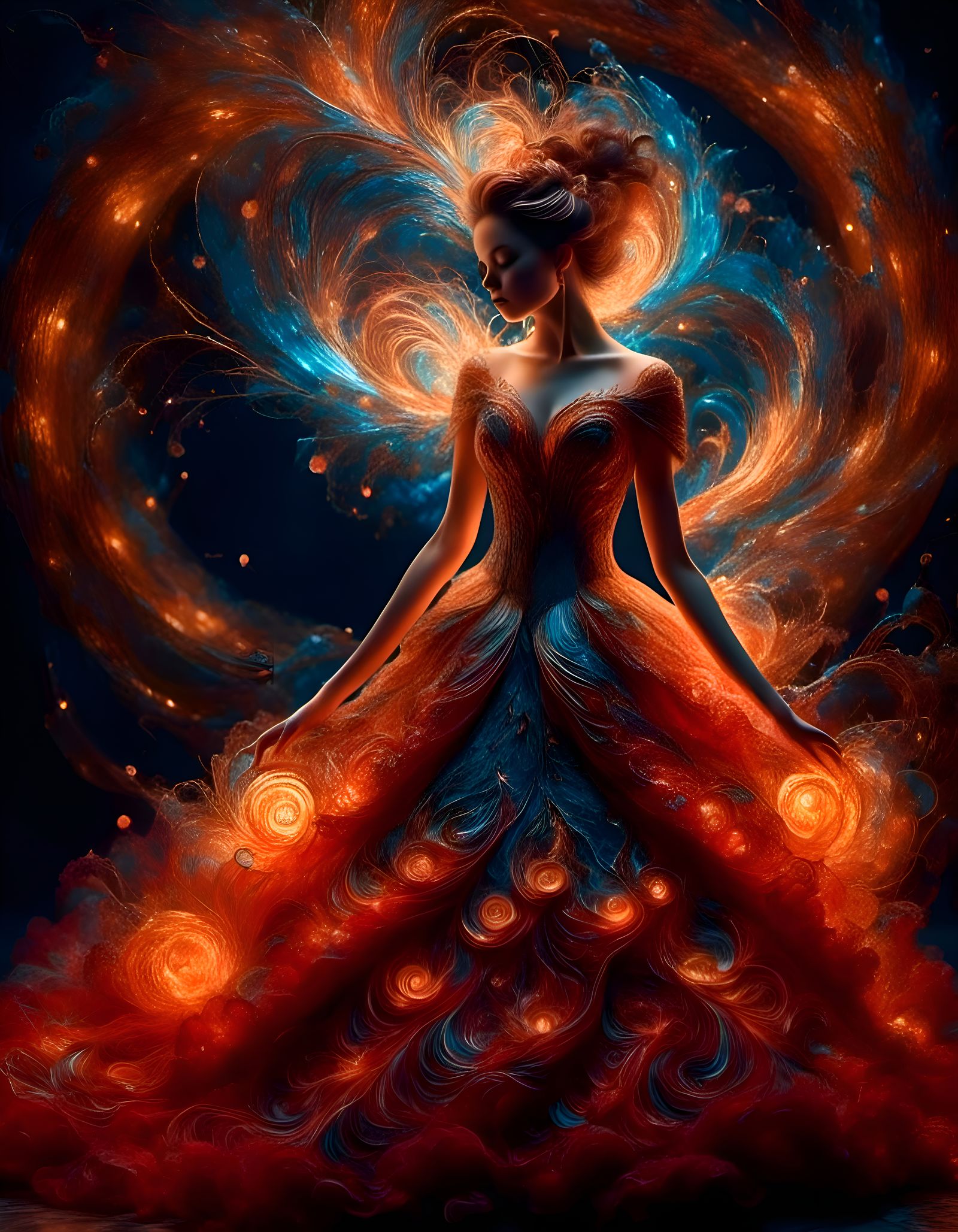 fantasy photo of a beautiful girl in a stunning elegantly layered ball gown that has red hues, lace, and tulle. between ...