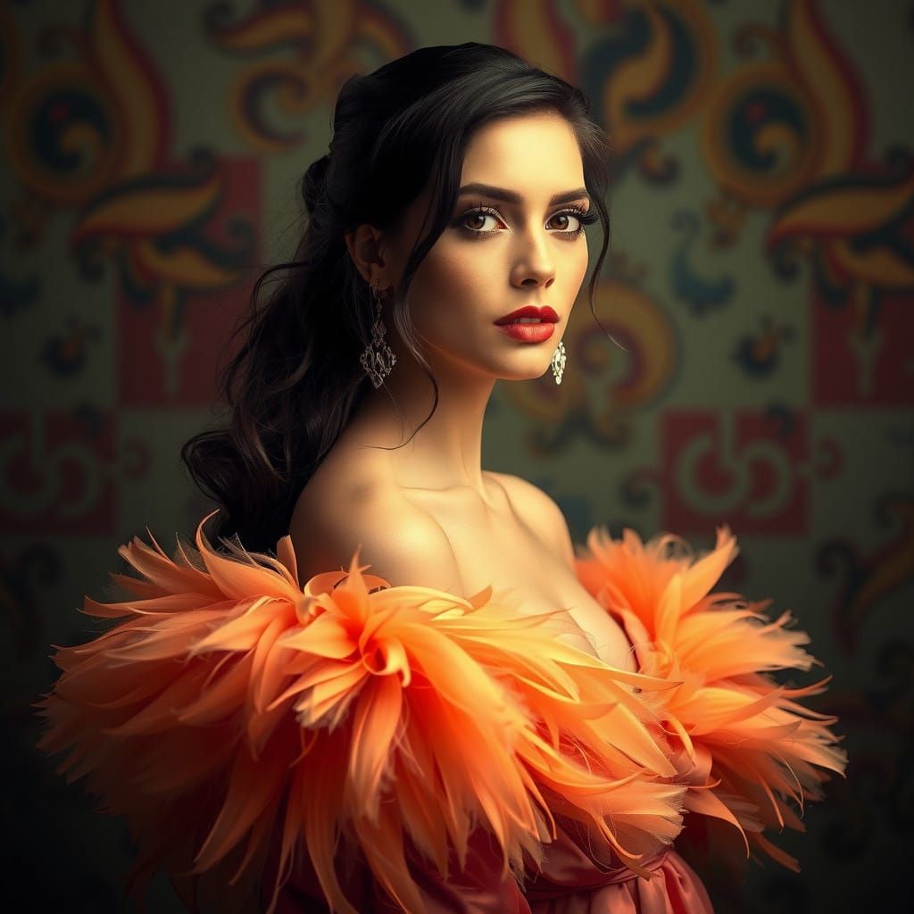 Elegant Woman in a Flaming Gown, Capturing Refined Beauty