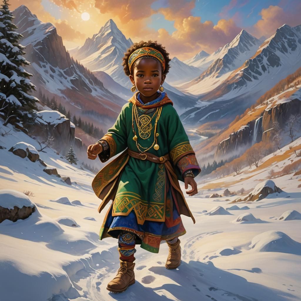 Celtic Child in Snowy Mountain Landscape Painting