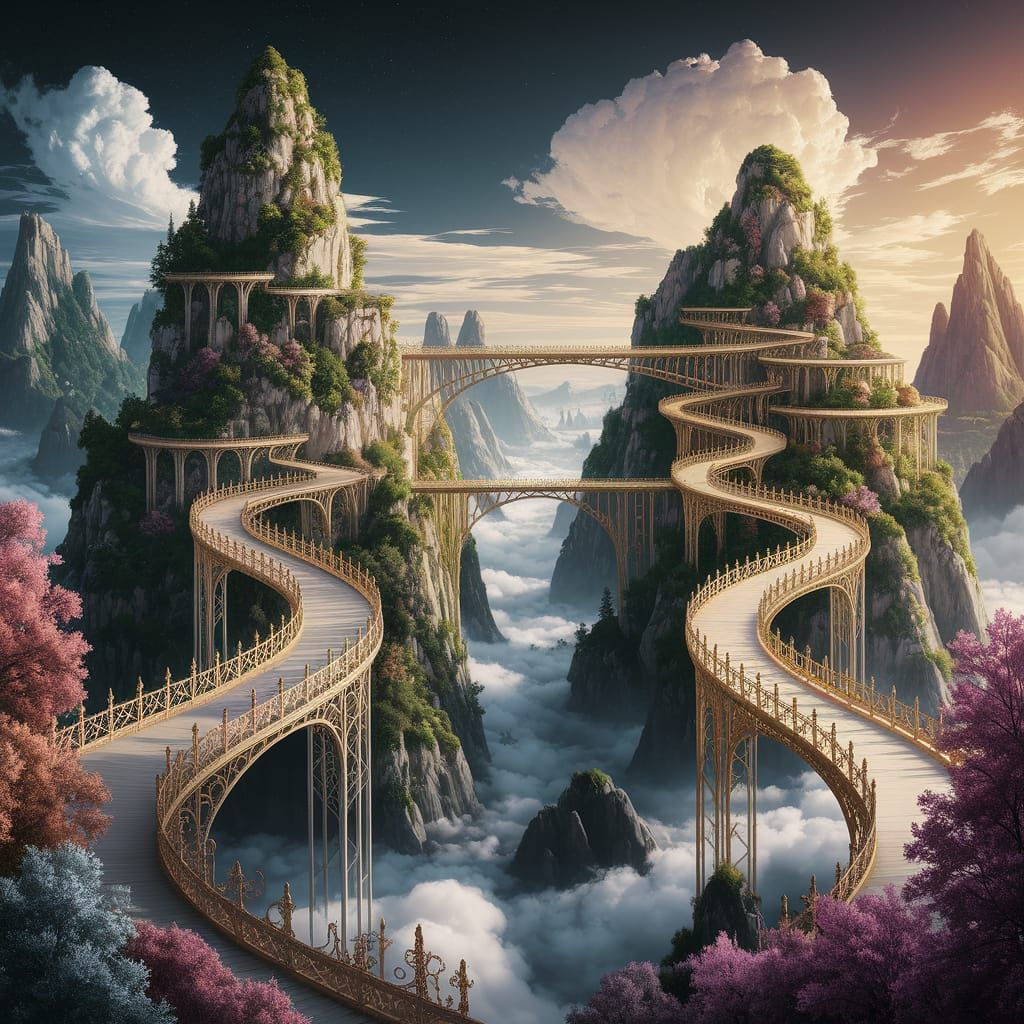 Glowing Bridges Connect Celestial Mountains