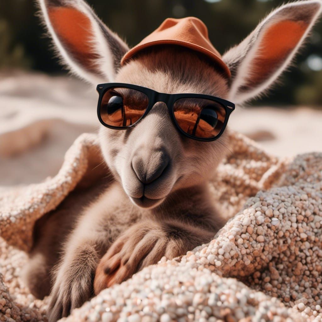 Kangaroo Joey in Pouch with Sunglasses and Hat