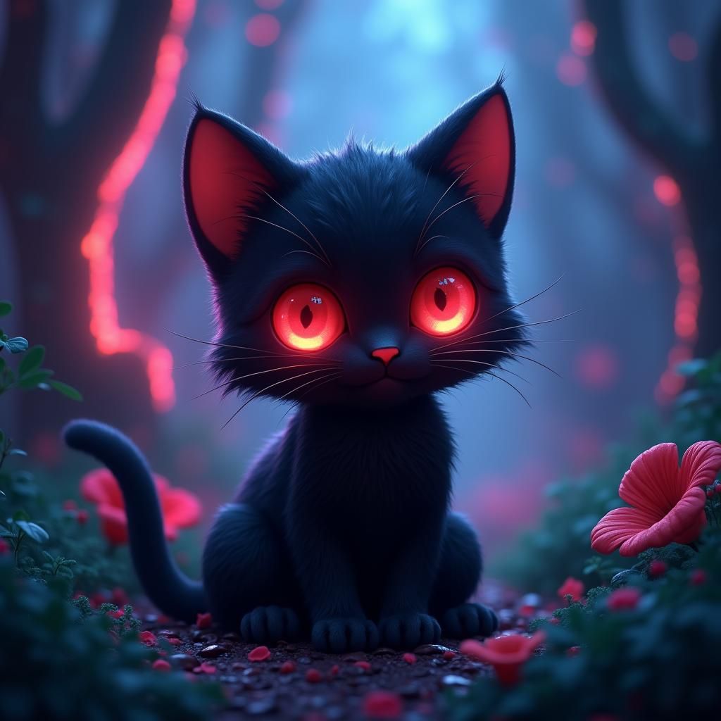 Anime Cat with Red Eyes in Dreamy Landscape