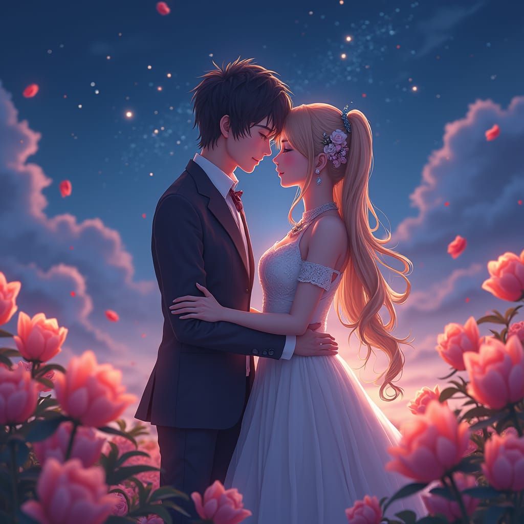 Loving Couple Under Starry Sky in Anime Style