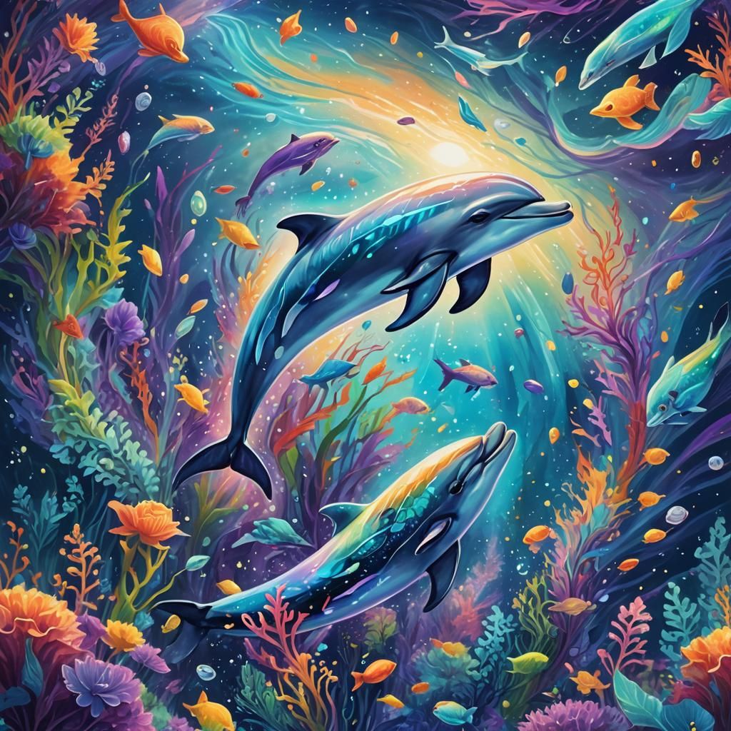 Dolphin Leaps in Iridescent Cosmic Ocean