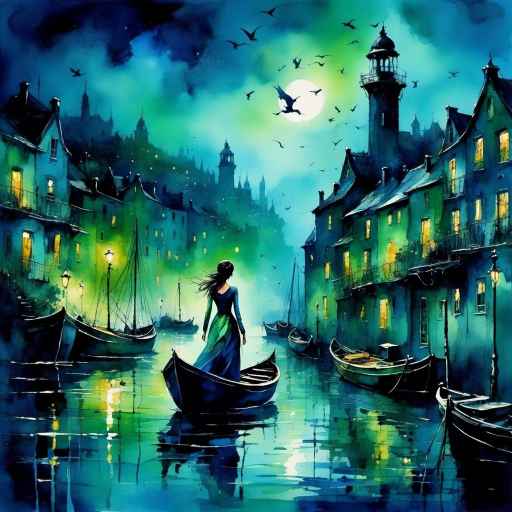 Watercolor Fantasy: Woman at Harbour at Night