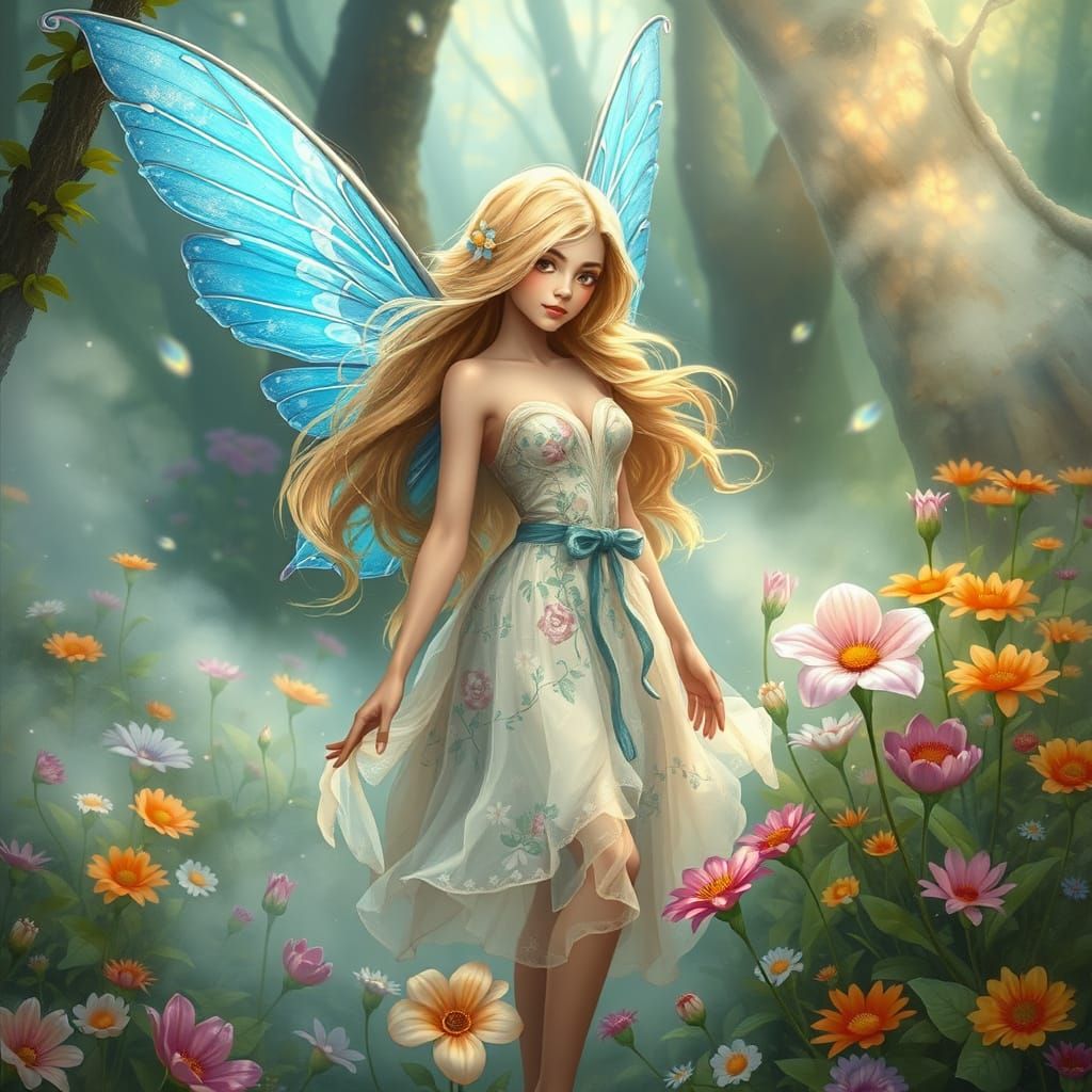 A fantasy scene depicts a beautiful fairy with flowing blonde hair and shimmering blue wings. Surrounded by vibrant flow...