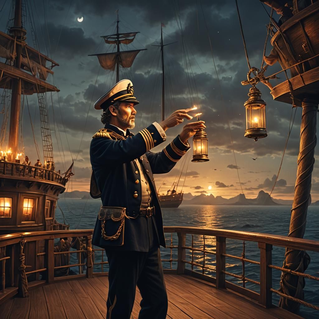 Ship Captain Sailing to Island at Night