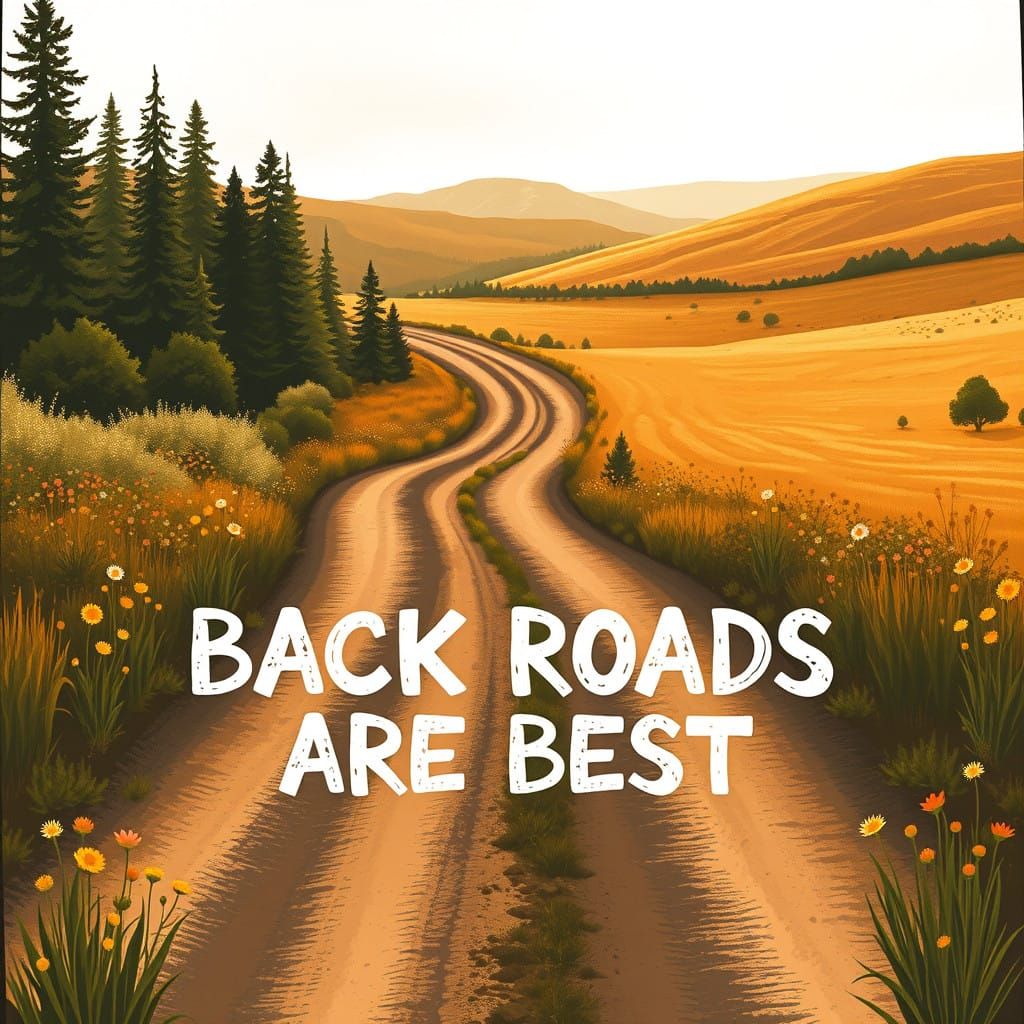 Rustic Countryside Roadscape in Whimsical Art Style