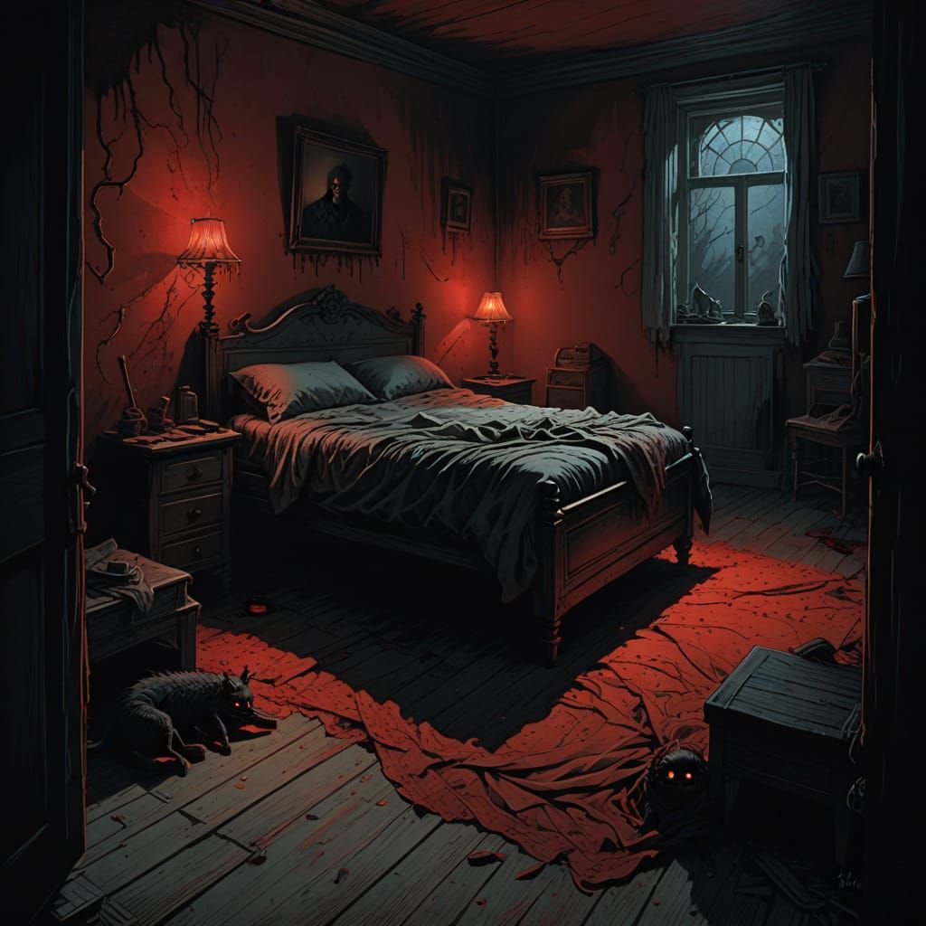 Red glowing eyes under bed in spooky shadow filled bedroom