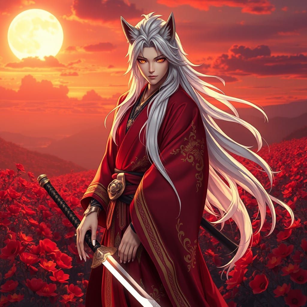 Ethereal Fantasy Samurai in Red Flower Valley