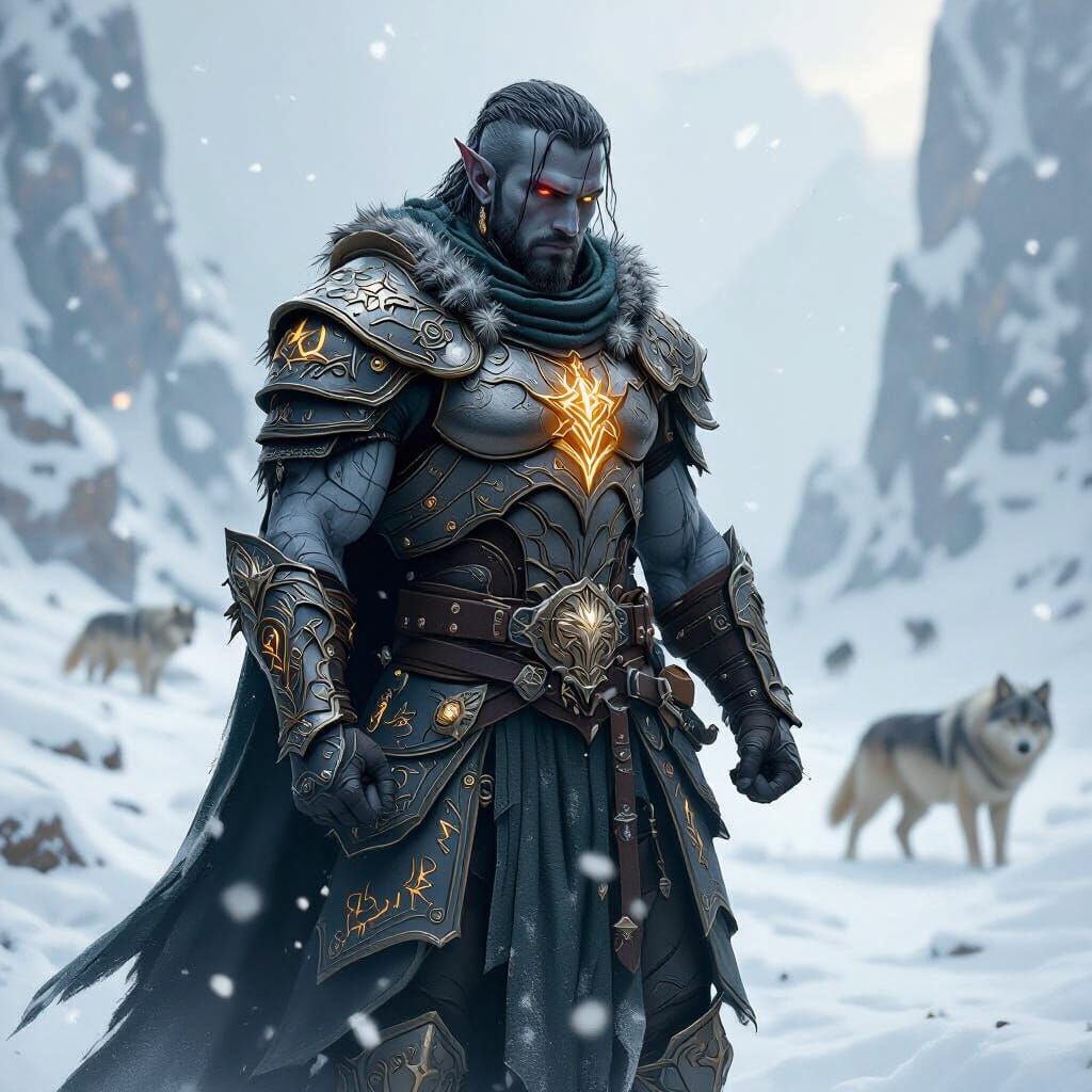 Drow Elf Warrior on Snowy Battlefield