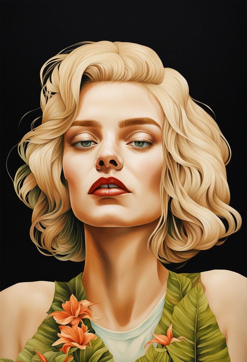 Blonde Beauty in Verdant Jungle, Hyperrealistic Portrait