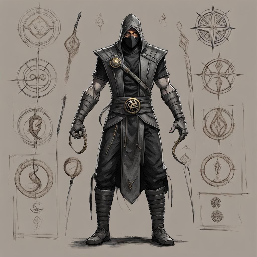 Dark Medieval Rogue Sketch with Arcane Symbols