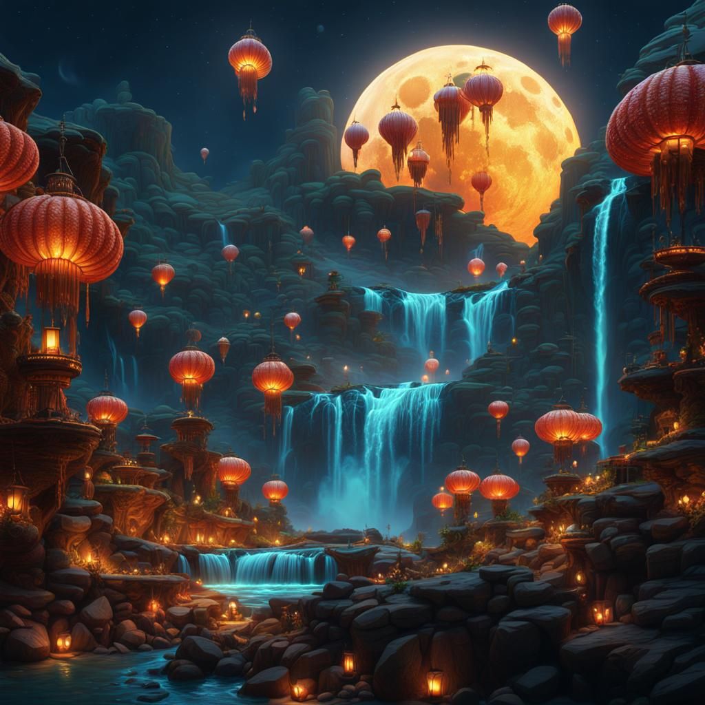 Moonlit Waterfall with Lanterns: Detailed Matte Painting