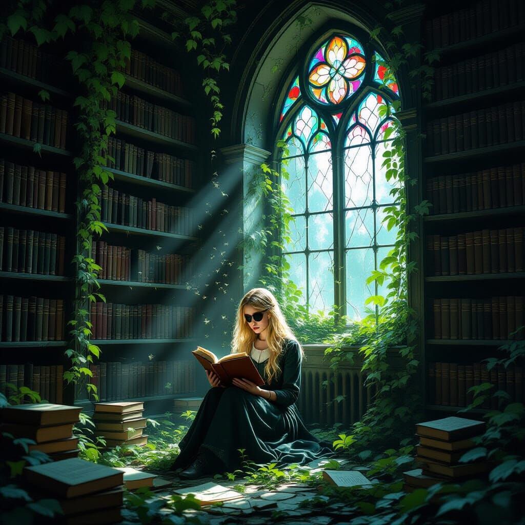 Overgrown Library Books Bloom into Plants in Gothic Art Styl...