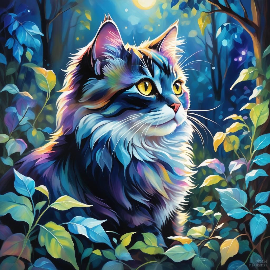 Rainbow Cat in Mystical Forest: Oil Painting Style