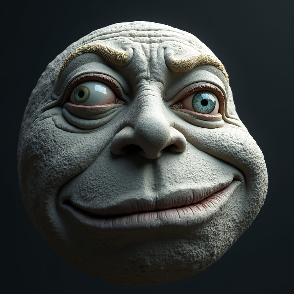 Hyperrealistic Moon Face Wink in Space Rock Detail
