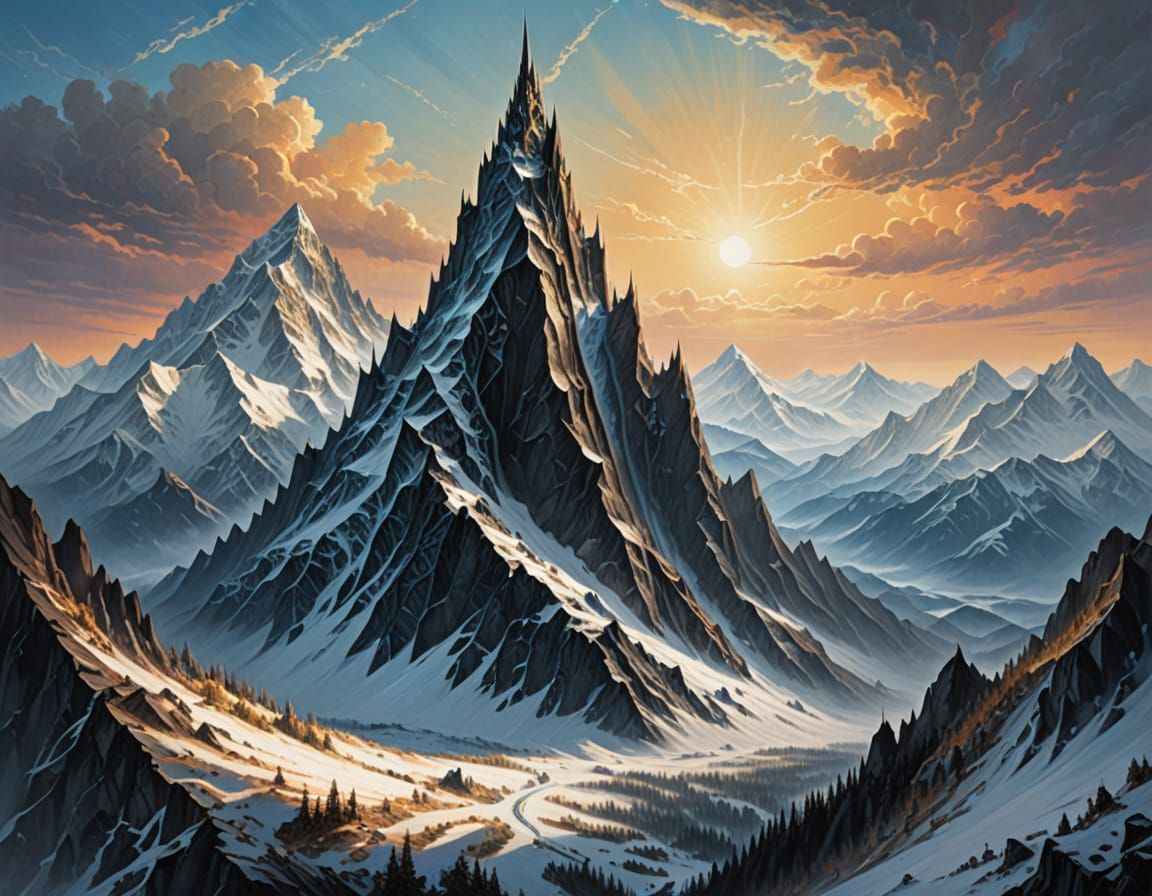 Ethereal High Fantasy Panorama of a Snowy Mountain Range wit...