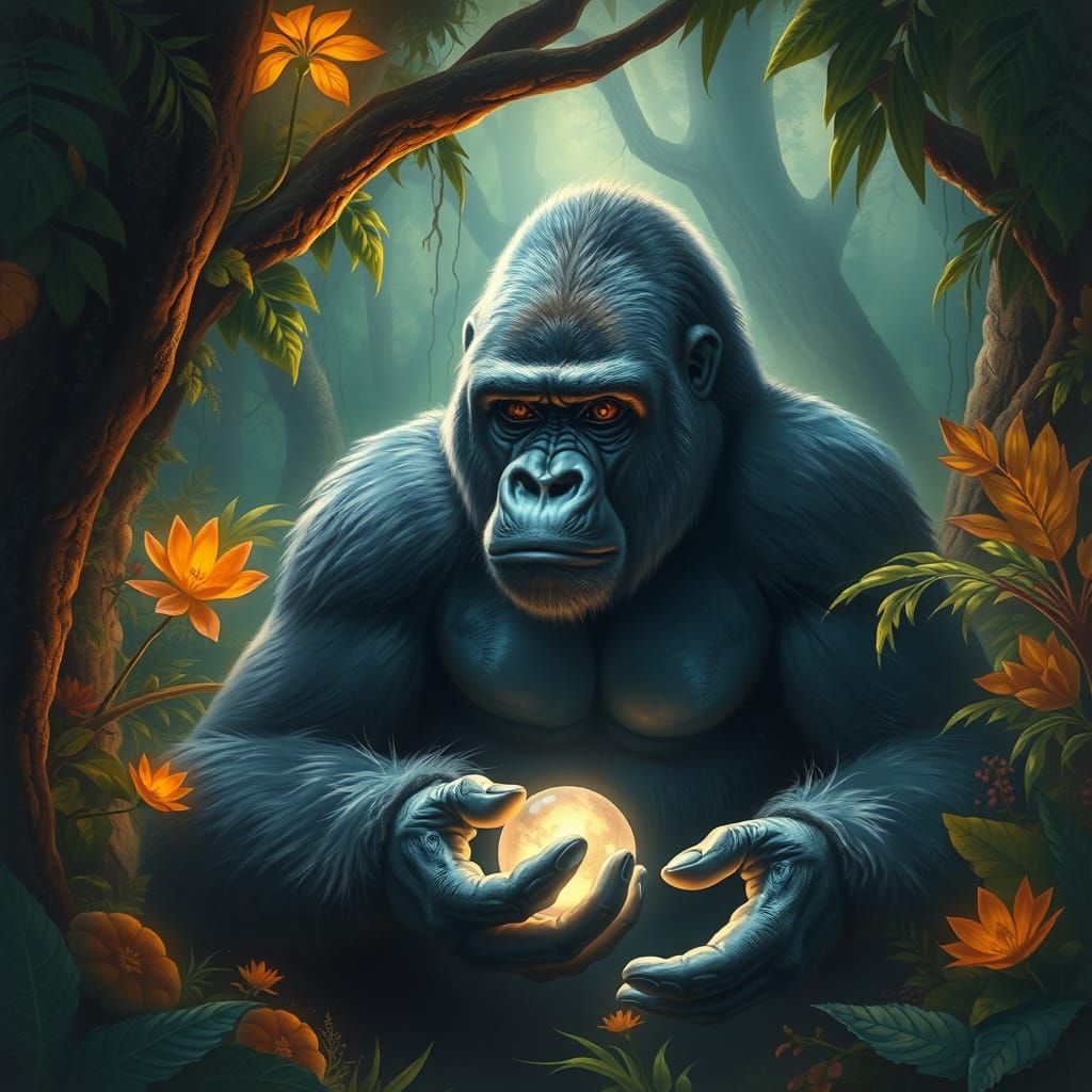 Mountain Gorilla Contemplates Orb in Lush Grove