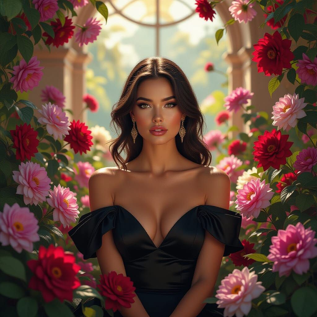 Elegant Woman in Lush Floral Cinematic Environment