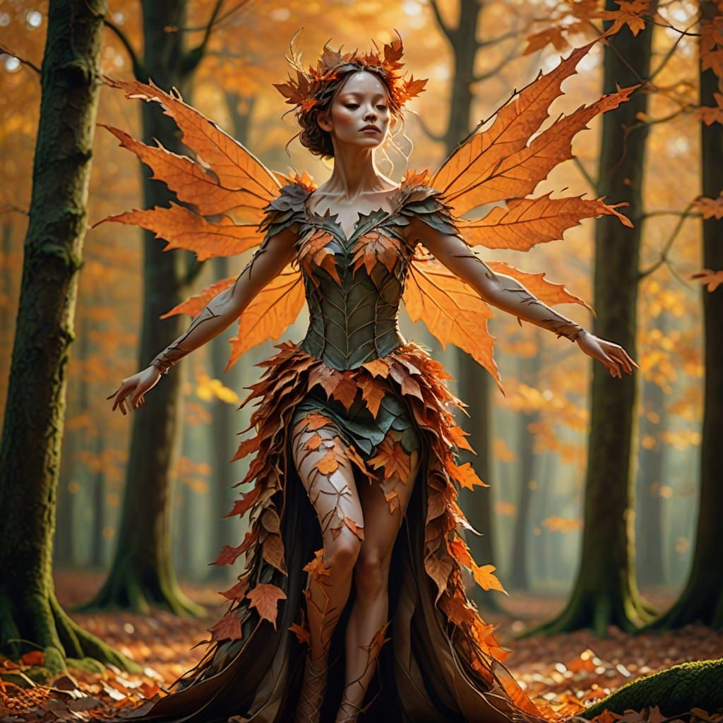 Autumn Leaf Fairy Dancing in Forest