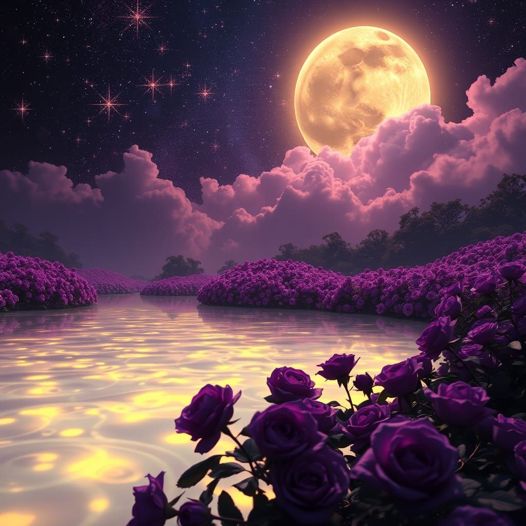 Iridescent Lake and Roses in Dark Fantasy Art