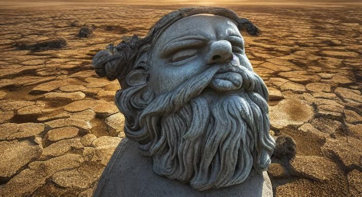 Weathered Stone King Statue in Desert Landscape