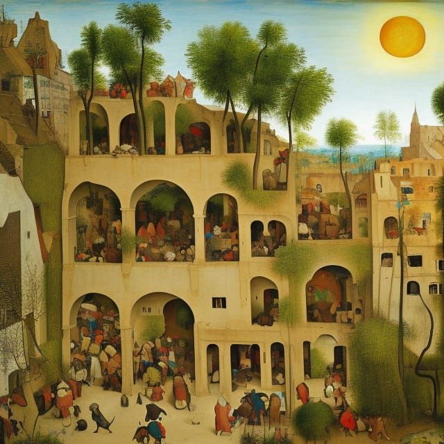 Hanging Gardens of Babylon Pieter Bruegel the Elder gouache complementary colors detailed painting beautiful detailed ma...