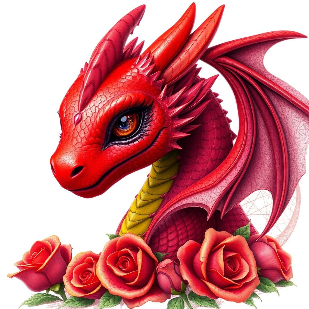 Hyperealistic pencil detailed 3D sketch of Adorable red dragon with Red roses delicately draped over her shoulders add a...