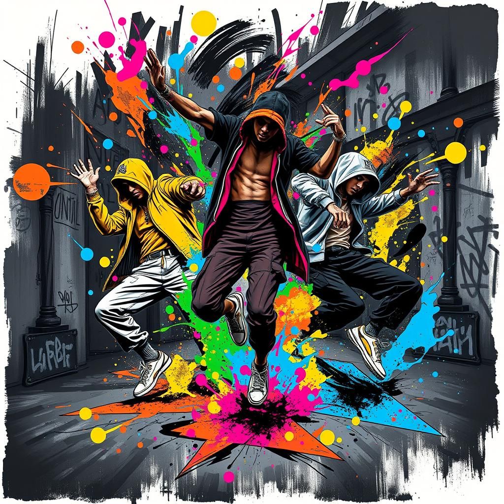 Dynamic Hip-Hop Dancers in Abstract Ink Splatter