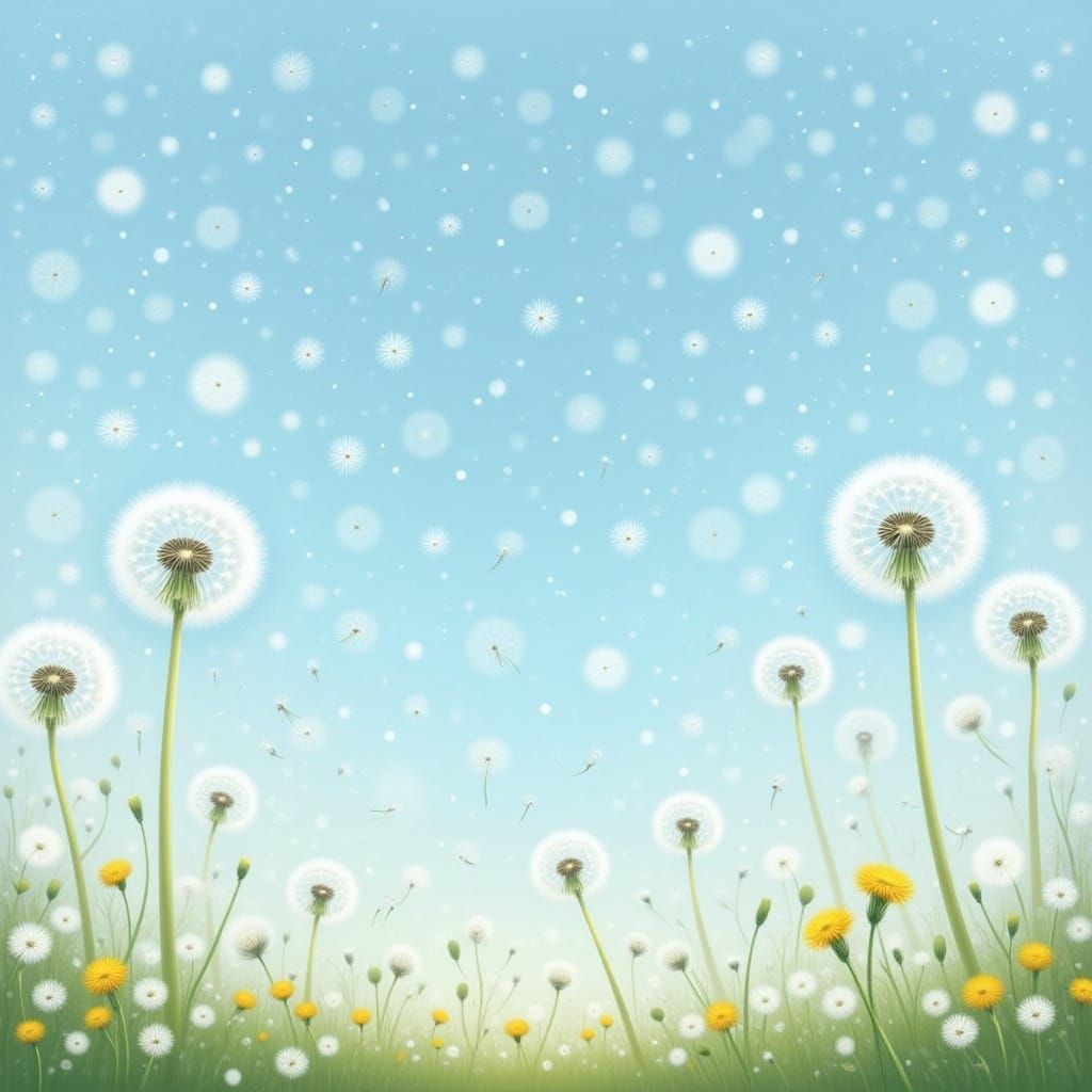Dandelion Seeds Drifting in Blue Sky