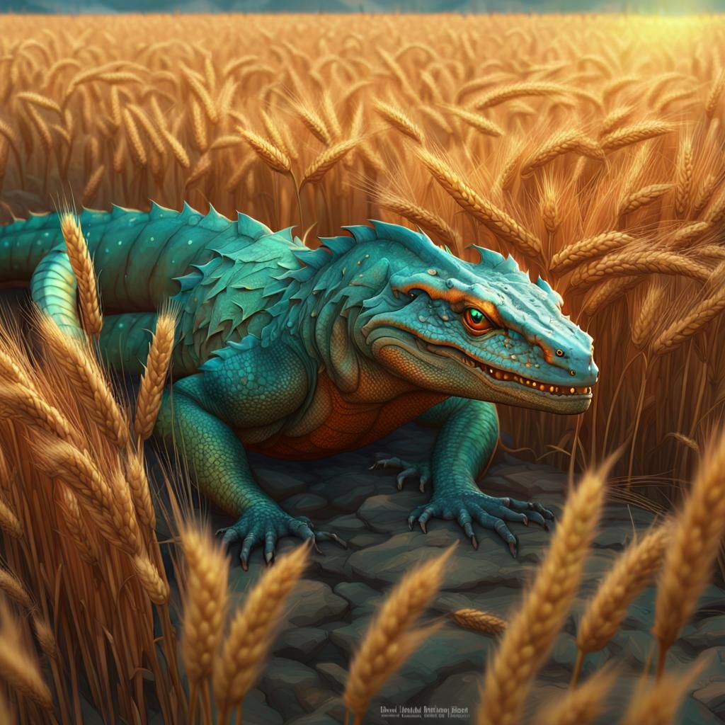 Stone Basilisk Prowling Wheat Field in Hyperrealistic Style