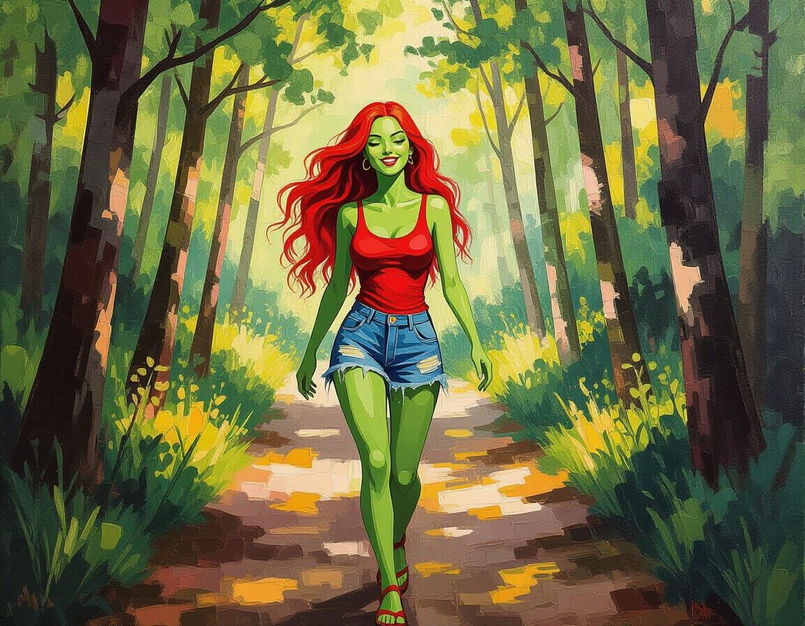 Green Goblin Stroll in Gouache Impressionist Style