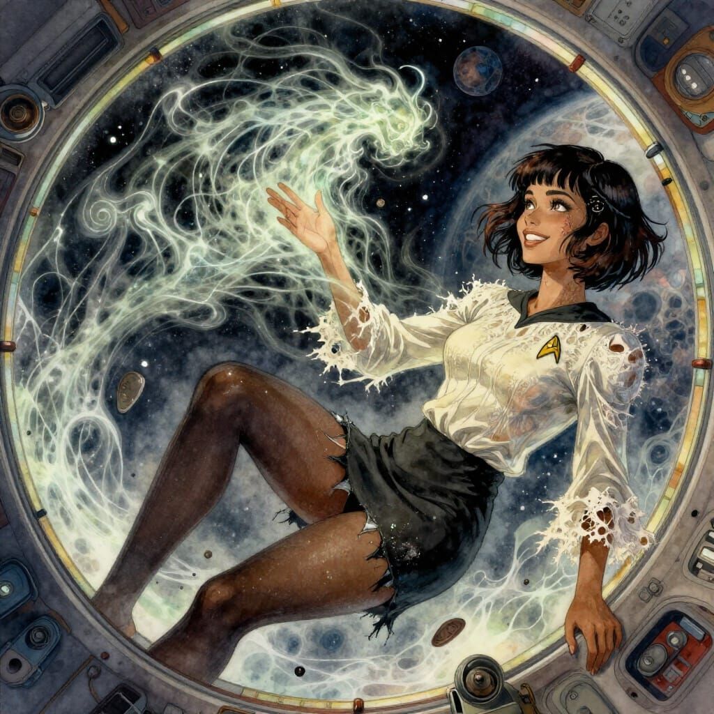 Woman in Space Cockpit by Stained Glass Window