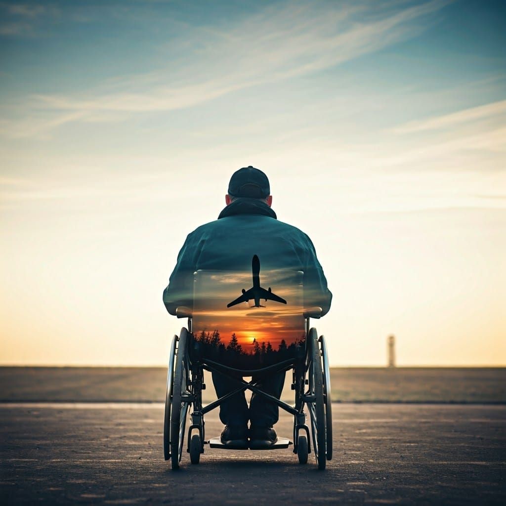 A Cinematic Double Exposure of a Man in a Wheelchair at a Pa...