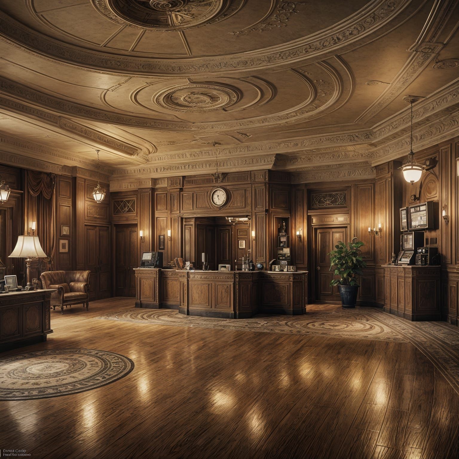 Empty 1940s Hotel Lobby in Detailed Matte Painting
