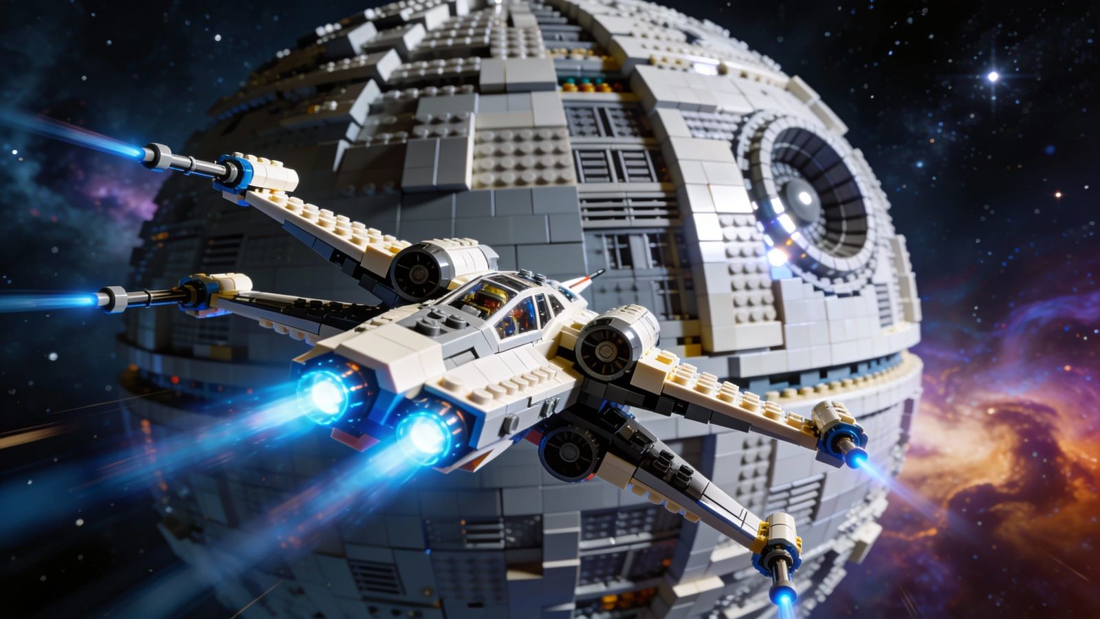 LEGO X-Wing Flees Massive LEGO Death Star in Deep Space