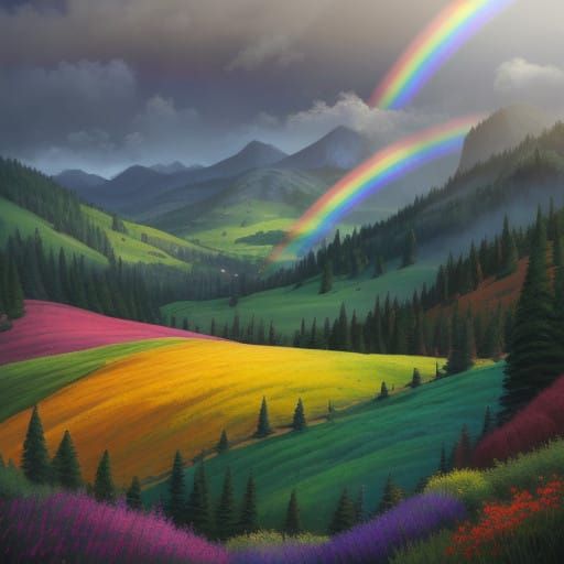 Serene Mountain Landscape in Whimsical Rainbow Colors