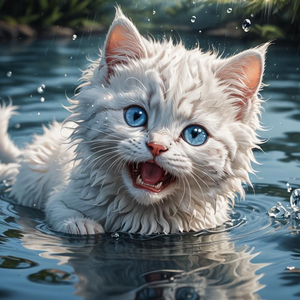 Fluffy Kitten Gazing at Reflection in Comic Book Art