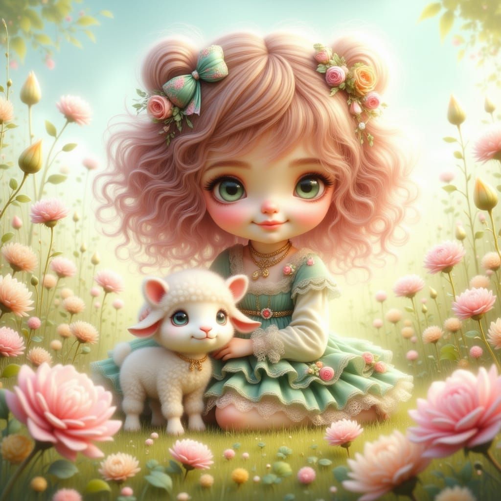 Cute Girl and Lamb in Flowery Meadow Anime Style