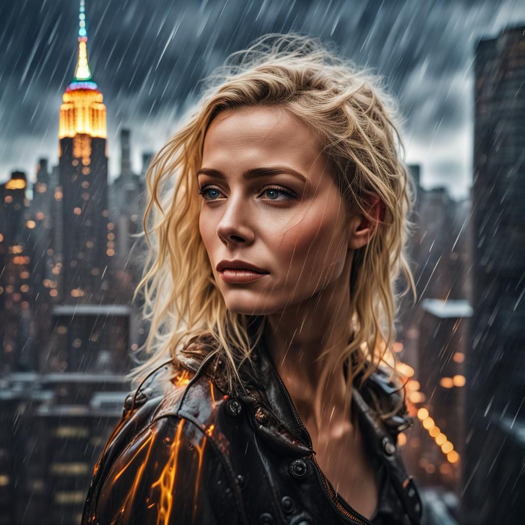 Hyperrealistic Woman in New York City Rainstorm