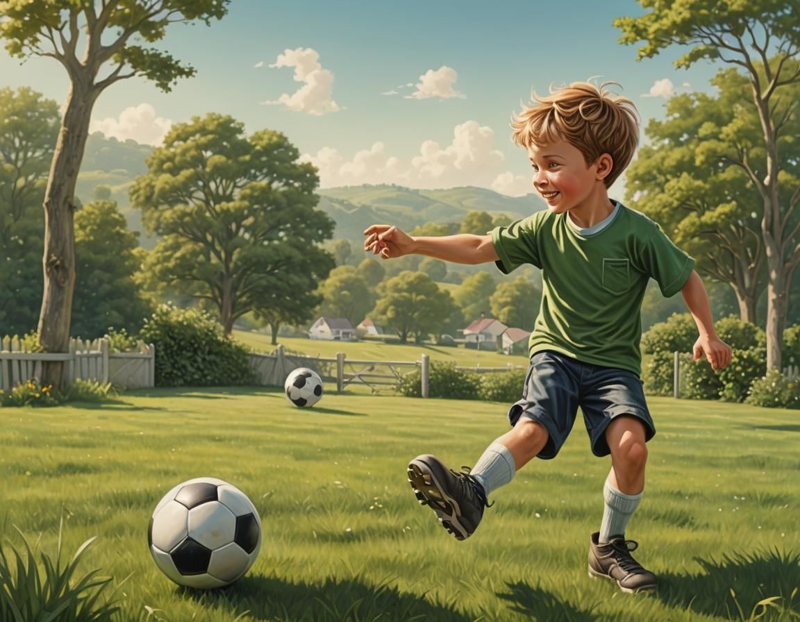 Cute Boy Kicking Football in Sunny Field
