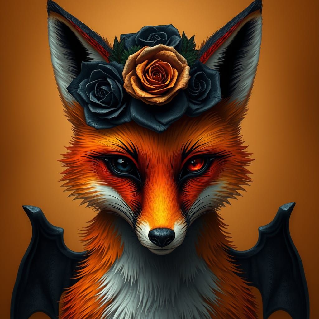 Vibrant Fox Goddess with Demon Horns and Rose Crown