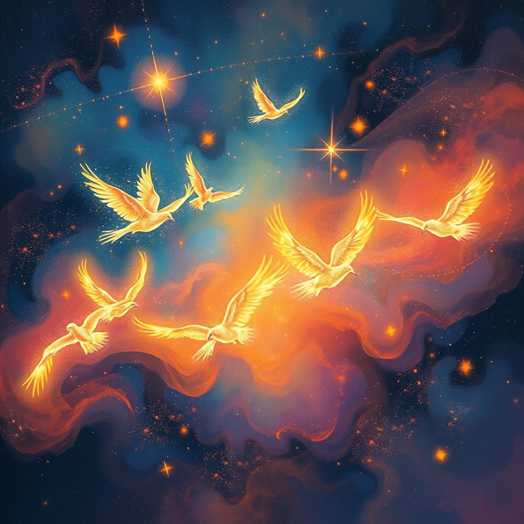 Starlight Birds Soaring Through Vibrant Cosmic Nebula
